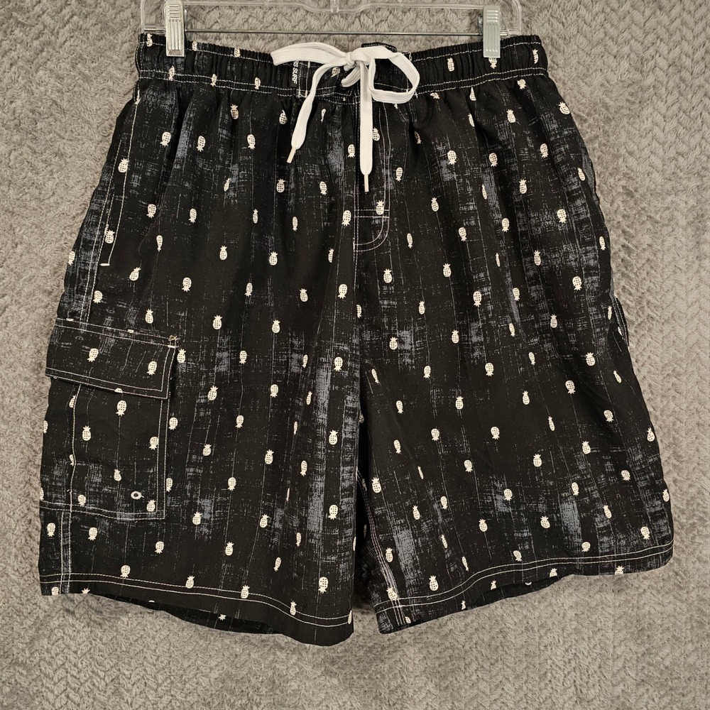 RS Surf Mens Pineapple‎ Print Board Shorts Black White Swim Trunks XL 900-RS-08